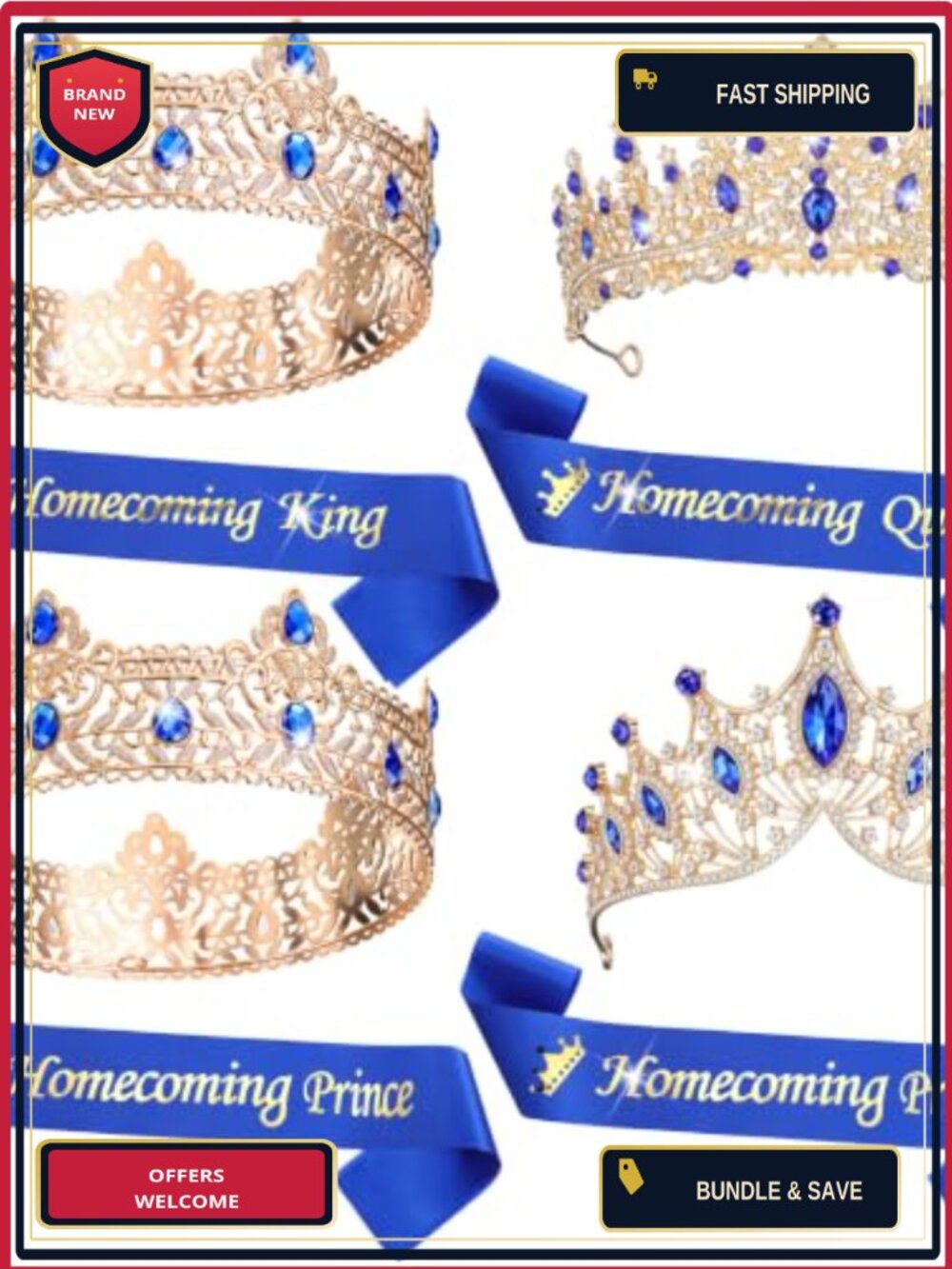 8 Pc Homecoming King Queen Prince Princess Crown Sash Set Party